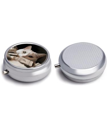 Round Travel Pill Box - 3 Compartment White Cat & Dollar Design - Portable Medicine Organizer for Purse & Pocket - Buy Online on GoSupps.com