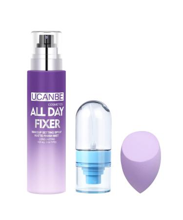 UCANBE Long Lasting Makeup Setting Spray Kit- 6.7 Fl oz Hydrating Matte Finish Mist Lightweight Face Make up Fixer +Travel Size Spray Bottle+Sponge Puff Set