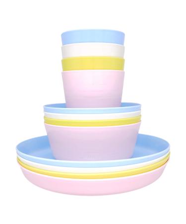 Bloomsworld Toddler Dining Set 4 Plastic Cups Bowls and Plates Reusable BPA Free Kids Picnic and Party Tableware for Boys and Girls - Pastel 12 Piece Set Cups Bowls and Plates