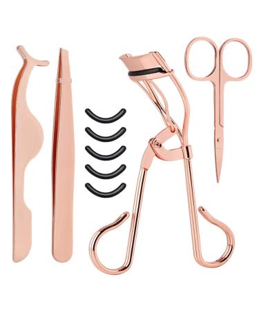 Eyelash Curler Eyelash Tweezers Stainless Steel Eyelash Curler Eyelash Curler Set with 5 Silicone Refill Pads Eyelash Extension Tweezers Remover Clip Tweezers Nipper for Various Eye Shape