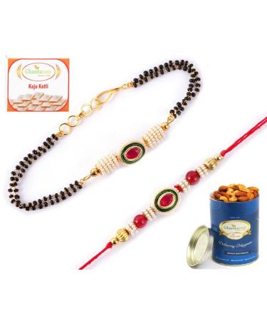 Ghasitaram Gifts Rakhis Online - Rakhi for Brother-RT-Mangal Bhaiya Bhabhi Rakhi with 100 GMS of Dryfruits Mix Can 200 GMS of Kaju katli Rakhi Set & 100g Dryfruits Mix Can 200g Kaju katli
