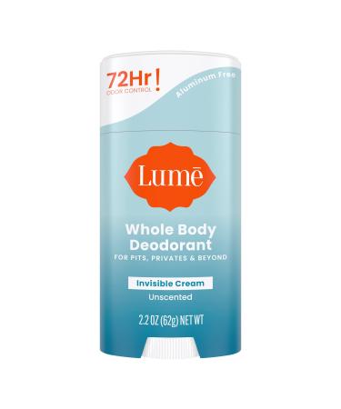 Lume Whole Body Deodorant - Invisible Cream Stick - 72 Hour Odor Control - Aluminum Free, Baking Soda Free, Skin Safe - 2.2 ounce (Unscented)