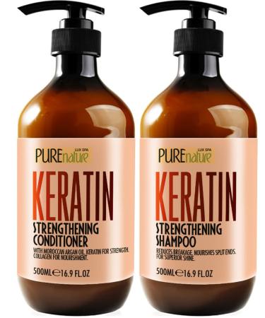 Keratin Shampoo and Conditioner Set - Sulfate Free  Moisturizing Treatment for Men and Women - Hair Thickening Product for Volume and Shine - With Moroccan Argan Oil