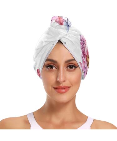 Watercolor Floral Wreath White Hair Towel 2 Pack Super Absorbent Hair Drying Towel Quick Dry Hair Turbans Head Towel with Button Twisty Wrap for Women Girls
