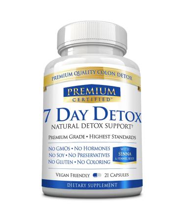Premium Certified 7 Day Detox - Cleanse The Digestive System Naturally Flush Toxins - Fennel Seed 600mg Ginger Root 300mg Cascara Sagrada 300mg - 21 Capsules - Vegan Friendly