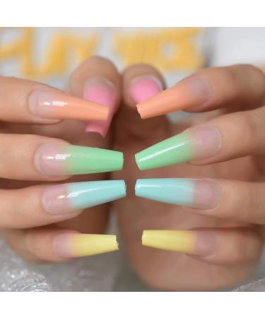 Rainbow Ombre Coffin Fake Nails Set - Glossy Nude Ballet Acrylic False Nail Tips for Women - Buy Online on GoSupps.com