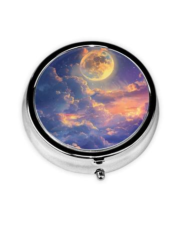 Lovely Giant Moon Portable Metal Pill Box Round Mini 3-Compartment Plastic Insert hinged Fastening Design Suitable for Small Pills Must-Have for Travel Black