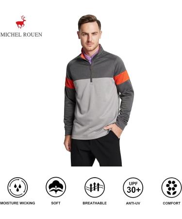Men's Slim Fit Quarter Zip Golf Pullover - Performance Wicking Raglan Long Sleeve Sweatshirt | Dark Grey/Light Grey/Orange - Large - Buy Online on GoSupps.com