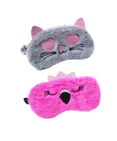 2 Pcs Animal Sleep Eye Mask Cute Funny 3D Soft Fluffy Cartoon Eye Mask Elastic Eye Cover Eye Shade Sleeping Mask for Travel Sleepover Pajamas Slumber Party Favors Accessories