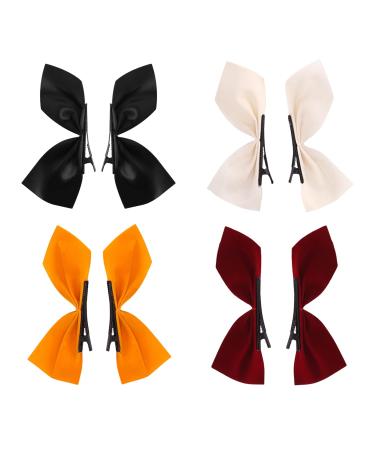 4 Pairs Velvet Hair Bows for Women | Side Bow Clips | Cute Kawaii Hair Accessories | Korean Style Bows - Daily & Special Occasions | 8 pcs | Red  Yellow  White & Black | Girls & Women
