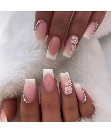 Medium Square Press on Nail French Tip Fake Nail  Full Cover Glossy Glue on Nails False Nails with Rhinestones Flowers Designs Medium White Nail Tips Pink Acrylic Nails for Women 24 Pcs