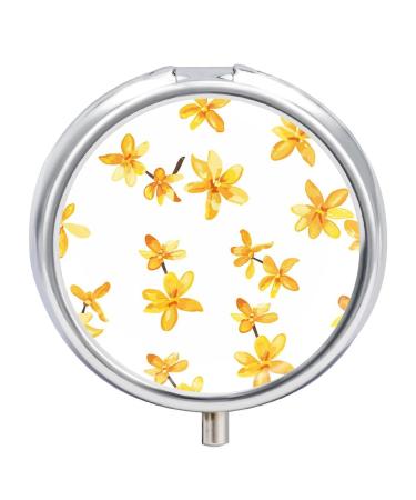 Pill Box Pill Case 3 Compartment Travel Pill Box Yellow Flowers Scattered Printing Small Pill Box Portable Medicine Pill Case Pill Organizer for Purse & Pocket for Travel Handbag (Round)