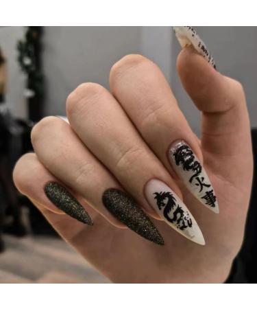 24pcs/Set Long Stiletto Fake Nails Punk Snake Pattern Black White Matte False Nails Artificial Full Nail Tips Manicure Tools A-7