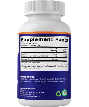 Vitamatic Magnesium Citrate 500mg per Serving - 180 Vegetarian Capsules (Provides 150 mg of Elemental Magnesium) - Added B6 for Maximum Absorption - Supports Muscle, Joint, and Heart Health* - Buy Online on GoSupps.com