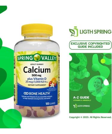 Calcium Plus Vitamin D Adult Gummies 500 mcg 1000 IU Assorted Flavors 100 Ct (3 Pack) Bundle with Exclusive Vitamins & Minerals - A to Z - Better Ligth&Spring Guide (4 Items) - Buy Online on GoSupps.com