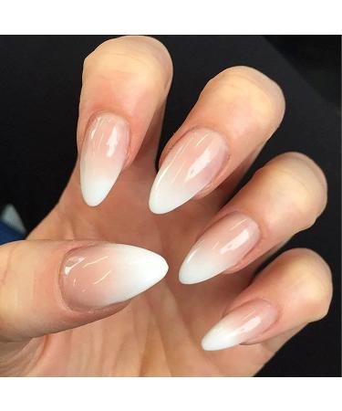 Press On Nails Short Almond Shape with Designs Glossy Nude White French False Nails with Glue Kit for Women Fake Nails Set - Nude