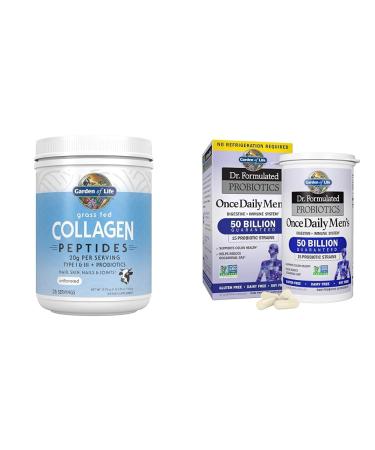 Garden of Life Grass Fed Collagen Peptides 28 Servings + Probiotics for Men 50 Billion CFU 30 Capsules Bundle