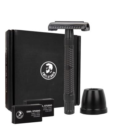 Double Edge Safety Razor + 1 Razor Stand + 10 Swedish Platinum Coated Blades | Butterfly Open | Gift Set (Matte Black)