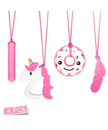 Chew Necklace for Girls-4 Pcs Silicone Chewy Necklaces for Kids or Adults That Like Biting or Have Autism ADHD SPD Teething Oral Motor Chew Toys Sensory(Pink)
