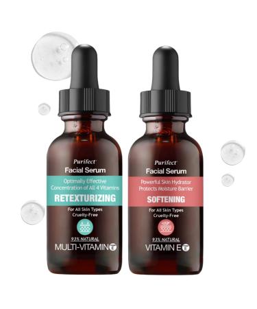 Purifect Multi-Vitamin Facial Serum Retexturizing & Brightening (30 ml) Bundle with Vitamin E Face Serum Hydrating & Softening with Rose Water Iris Root & Pear (30 ml) Gift Set (2 Items)
