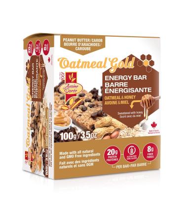 Oatmeal Gold Natural Energy Bars | Energy Bars Made with All Natural & GMO Free Ingredients | Sweetened with Honey | 20g Protein 8g Fiber Omega 3 and 6 Source of Calcium & Iron (Box of 6 Peanut Butter Carob) Peanut Butter Carob Box of 6