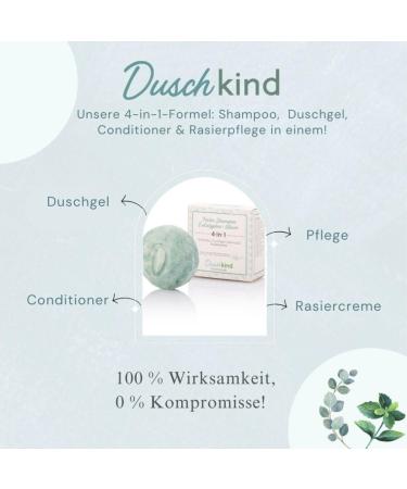  Duschkind Naturkosmetik Solid Shampoo Eucalyptus Mint - Natural fragrance - Can be used as shampoo shower gel conditioner and shaving cream - Vegan formula - Recyclable packaging - Buy Online on GoSupps.com
