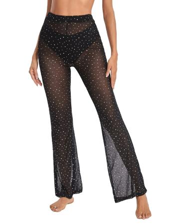 Verdusa Women's Rave Mesh Sheer Pants Rhinestone High Waist Flared Bell Dance Bottom Large Black