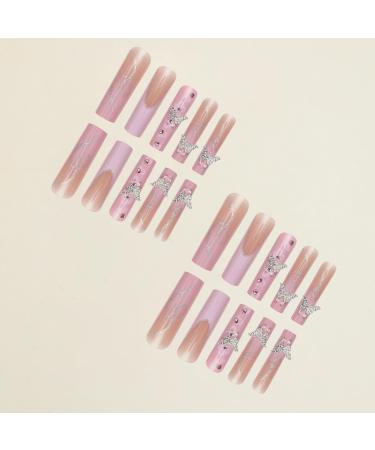 24 Pcs Pink French Tip Press On Nails with Silver Glitter & Flower Design | Artificial Acrylic False Nails with Butterfly Charms - Perfect for Women | Full Cover Fake Nails for Stunning Nail Art - Buy Online on GoSupps.com