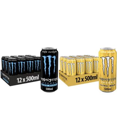 Monster Energy Zero Sugar - (12 x 500 ml) & Ultra Gold - Caffeine Energy Drink with a fruity pineapple taste - without sugar and without calories - in practical disposable doses (12 x 500 ml) bundle with Monster Energy Ultra Gold