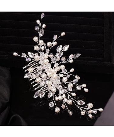 Teyglen Crystal Bridal Hair Comb Wedding Pearl Rhinestones Hair Pieces for Bride Bridal Gold Side Hair Comb Rhinestone Headpieces Hair Accessories for Women Girls (Silver)