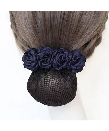 Women Hair Bun Cover Net Snood Hairnet Bow Barrette French Hair Clip Bow Ribbon Flower Hair Accessories for Banks Hotels Staff(fine net Navy Blue) fine net Blue Grey Navy Navy Blue Pink Purple