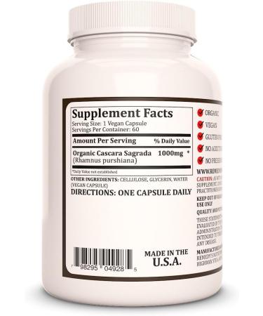 Cascara Sagrada 1000mg Vegan Capsules - Non-GMO Herbal Supplement (60ct) - Two Month Supply - Buy Online on GoSupps.com