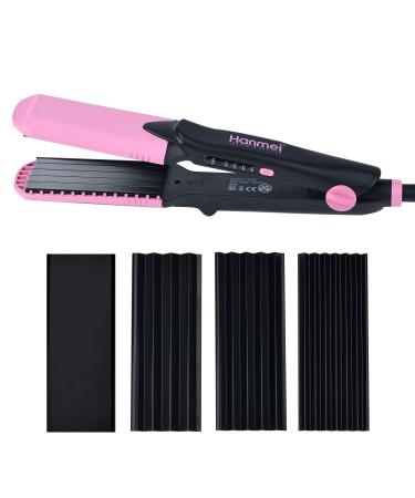 HANMEI Crimper Hair Iron, 4 in 1 Interchangeable Plates Hair Crimper Waver Iron and Straightener, Adjustable Temperature Tourmaline Ceramic Flat and Curling Iron for All Hair Types (Black and Pink)