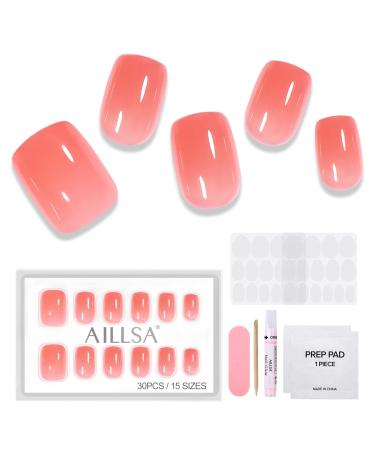 AILLSA Press On Nails - Fake Nails, Press On Nails Short, glue on nails, In 15 Sizes 37-Piece Set With Glue Grapefruit