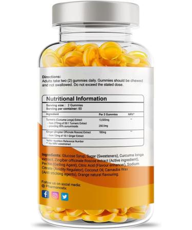 Vegan Kurkuma Curcumin & Ginger Gummy Bears - 120 Delicious Orange Gummies - 2-Month Supply - 13500 mg Daily for Adults - Buy Online on GoSupps.com