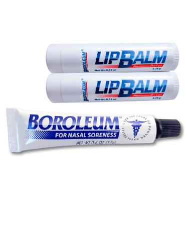 Boroleum Lip Balm and Nasalm Ointment (Combo Pack) Dryness, Soreness, and Stuffiness Relief - Medicated, All Natural Ingredients for Men, Women and Kids