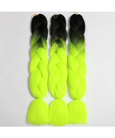 Showjarlly 24 Kanecalon Hair Braids Extension - Ombre Jumbo Braid Hair (3 Pack) Black/Yellow Green - Premium Kunsthaar for Stylish Hairstyles - Buy Online on GoSupps.com