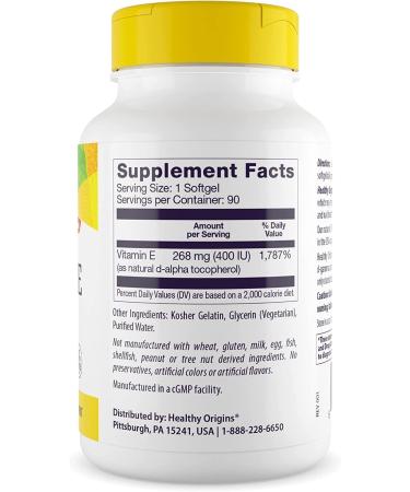 Healthy Origins Vitamin E 400 IU with Mixed Tocopherols - Non-GMO Skin Supplement - 90 Softgels - Buy Online on GoSupps.com