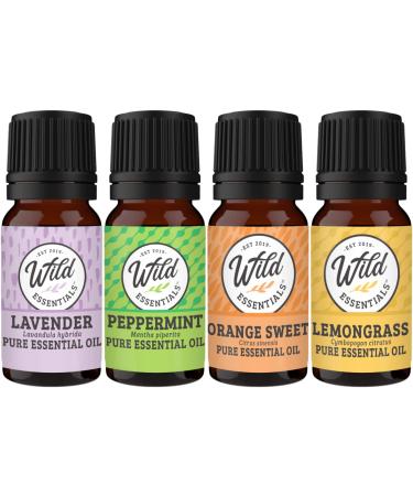 Wild Essentials 4-Piece 100% Pure Therapeutic Grade Essential Oil Sampler Set - Aromatherapy Gift Set - Includes Lavender Peppermint Lemongrass and Orange- 5ml Bottles