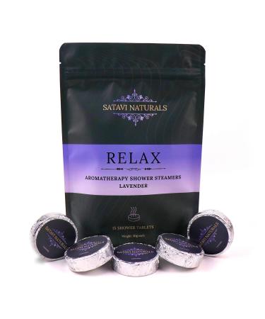 Satavi Naturals Relax (30g Tablets - 15 Pack) Lavender Aromatherapy Shower Steamers for Women & Men Natural Essential Oils Shower Bath Bombs Vapor Tabs for Aromatic Self-Care