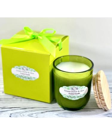 K_R Green Clover & Aloe (Type) Scented Candle. Hand Poured. Soft Floral and Green Notes. 6.0 oz. with Burn time at appx. 20-30 hrs. Green White