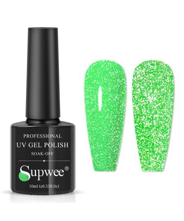 Supwee Neon Green Reflective Glitter Gel Nail Polish Sparkle Fluorescent Nail Polish Gel Shiny Disco Nail Gel Polish Summer Spring Bright Green Gel Polish Set Soak Off UV Gel 10ML(0.33FL OZ) Neon Green Reflective Gel