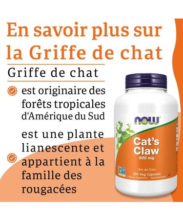 Now Foods Cat's Claw 500 mg 250 Vegetable Capsules Lab Tested Vegetarian Gluten Free Soy Free Vegetarian - Buy Online on GoSupps.com