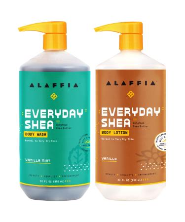 Alaffia EveryDay Shea Vanilla Lotion and Mint Body Wash - For Normal to Very Dry Skin Cleanses and Hydrates with Shea Butter Lemongrass Neem and Coconut Oil 32 Oz Each