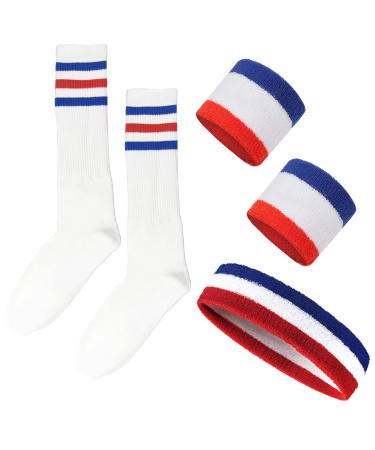 5 Pieces Red White and Blue Sweatbands Set Striped Sweatbands and Striped Socks Set 80s Sweatbands 90s Costume Wrist Sweat Bands for Men and Women Sports Headbands 80s Fitness