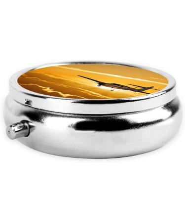 Aircraft Plane At Sunset Round Pill Box 3 Compartment Portable Travel Medicine Organizer | Mini Decorative Vitamin Holder - Buy Online on GoSupps.com