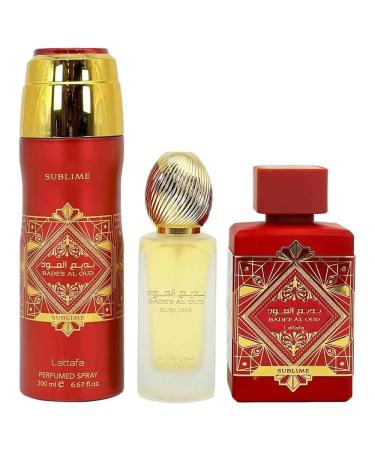 Lattafa Badee Al Oud Sublime for Unisex 3 Piece Set (3.4 Oz Eau de Parfum Spray + 1.7 Oz Hair Mist + 6.7 Oz Deodorant Spray) Fresh Fruity Vanilla Rose Sweet 11.8 Fl Oz (Pack of 1) - Buy Online on GoSupps.com