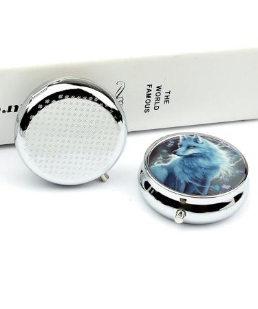 Round Blue Fox Print Pill Box - 3 Compartment Decorative Metal Organizer - Portable Pocket Medicine Case - Buy Online on GoSupps.com