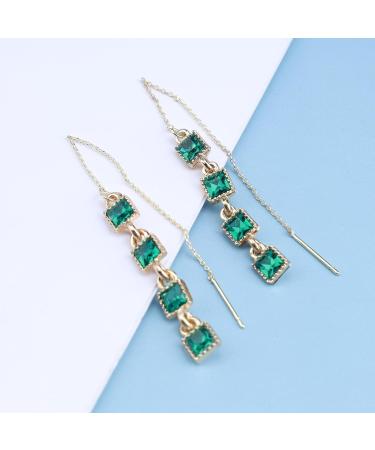 Vintage Crystal Emerald Threader Earrings | Long Tassel Dangle & Square Stud Earrings | Gold Bar Pull Through Jewelry for Women - Buy Online on GoSupps.com