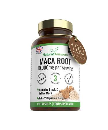 180 Maca Root Capsules - (3 Months Supply) Vegan 10 000mg Maca Capsules - High Strength Peruvian Black & Yellow Maca Root - Made in The UK